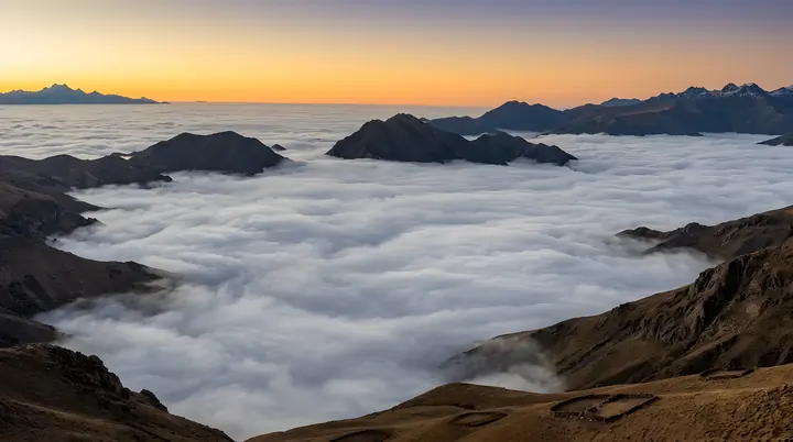 Amanecer sobre un mar de nubes entre montañas, imagen ilustrativa del amanecer en Santa Ana